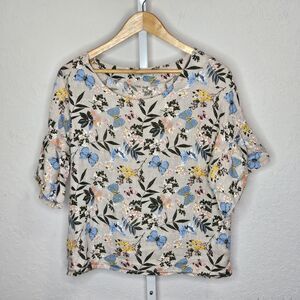 Viola‎ Borghi Italy Top Butterfly Floral Print Blouse 100% Linen Size Small